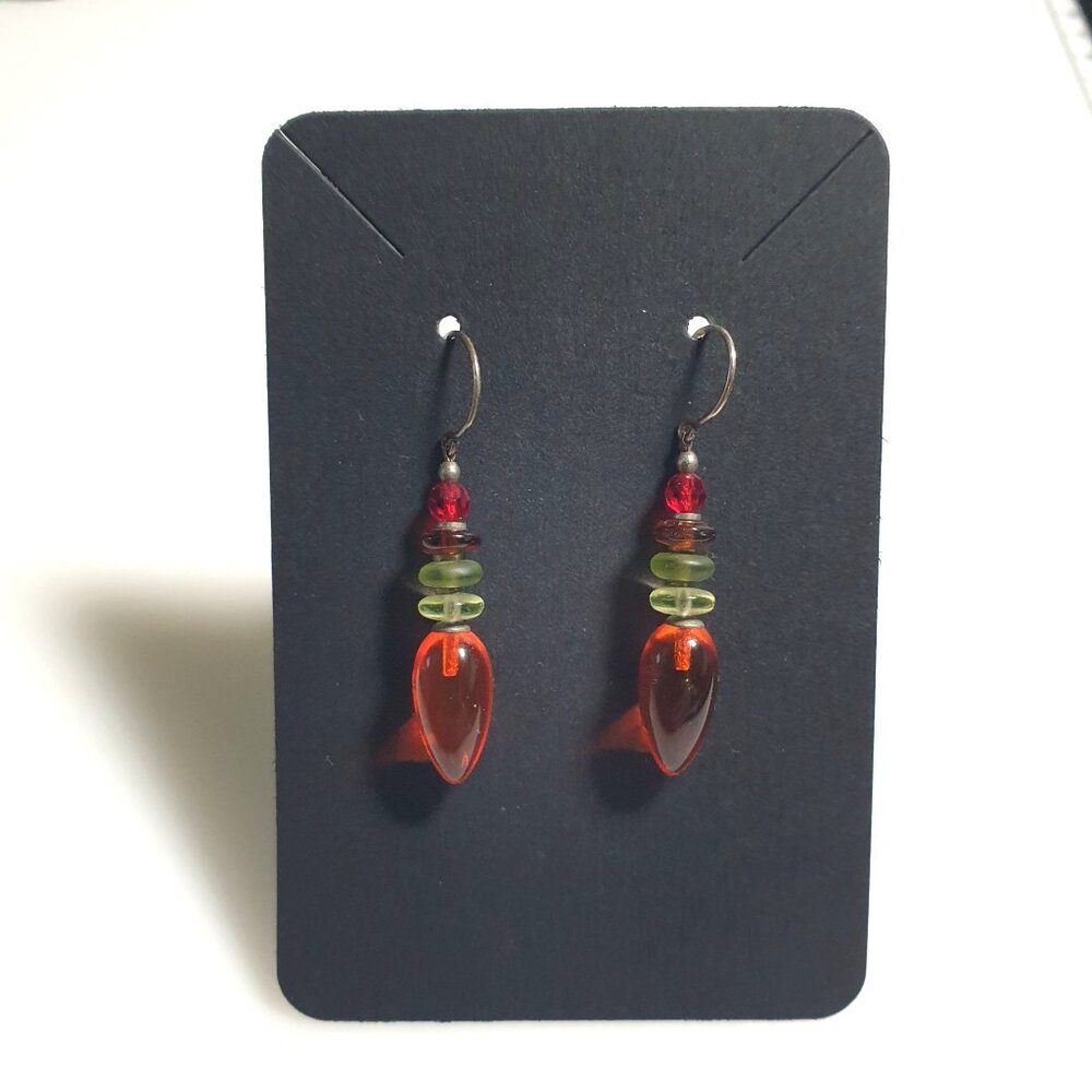 Glass Bead Drop Earrings Hook Red Green Orange Handmade Multicolor Lightweight